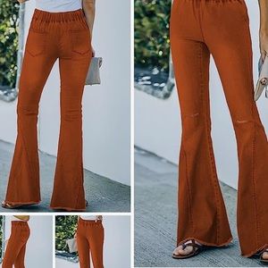 Destroyed Flare Jeans Elastic Waist Bell Bottom Raw Hem Denim Pants
